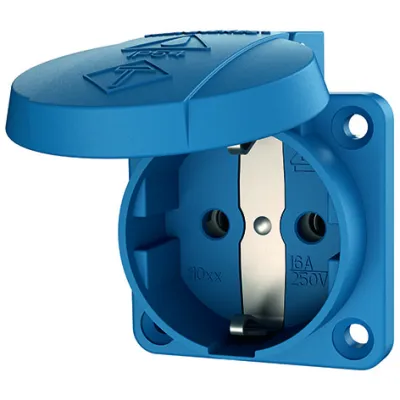Mennekes Schuko-Anbausteckdose 11031 | 16A 2P+E 230V | IP54 | Schraubklemme | Flansch 50x50mm | Klappdeckel | blau