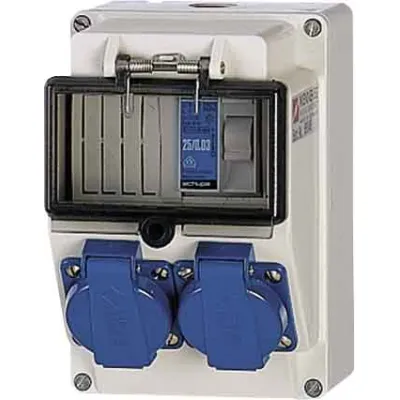 Mennekes Steckdosen-Kombination 98848 | 2x SCHUKO mit FI-Schutzschalter 30mA | IP44 | Wandmontage | Kunststoff | grau