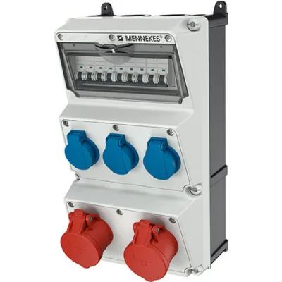 MENNEKES AMAXX 930003 Steckdosen-Kombination | 2x16A 5-polig CEE | 3x Schuko | IP44 | LS-Schalter | Wandmontage | grau