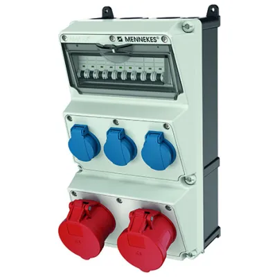 MENNEKES Steckdosen-Kombination AMAXX 930015 | 2x32A 5-polig 400V | 3x SCHUKO | IP44 | LS-Schalter | Wandmontage | grau