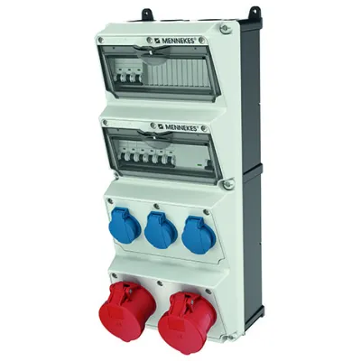 MENNEKES AMAXX 940008 Steckdosen-Kombination | CEE 2x32A 400V 5-polig | 3x SCHUKO | FI 30mA | IP44 | Wandmontage | grau