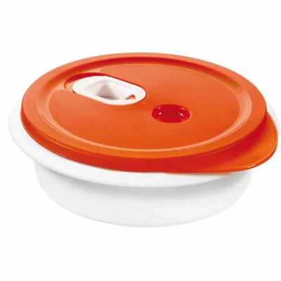 Rotho Mikrowellen-Menüteller 1l rund | BPA-frei | mit Deckel & Ventil | spülmaschinenfest | weiß/rot