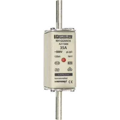Mersen NH-Sicherungseinsatz NH1GG50V35 | 35A | NH1 | 500V AC/DC | gG Ganzbereich | Kombikennmelder | Messersicherung