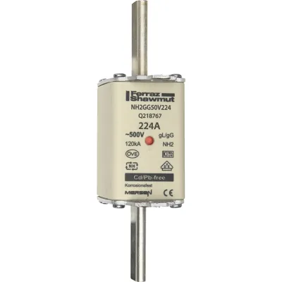 Mersen NH-Sicherungseinsatz NH2GG50V224 | NH2 Gr.2 | gG 224A 500V AC/DC | Kombikennmelder | Messersicherung | 19,2W