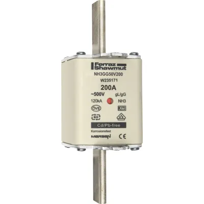 Mersen NH-Sicherungseinsatz NH3GG50V200 | Messersicherung Gr.3 | 200A | 500V AC | gG Kombikennmelder | schnellauslösend