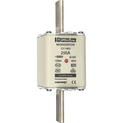 Mersen NH-Sicherungseinsatz NH3GG50V250 | 250A | Gr.3 | gG | 500V AC | Messersicherung | Kombikennmelder
