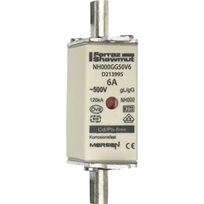 Mersen NH-Sicherungseinsatz NH000GG50V6 | Gr.000 | 6A | 500V AC/DC | gG | Kombikennmelder | Keramik | 1,6W