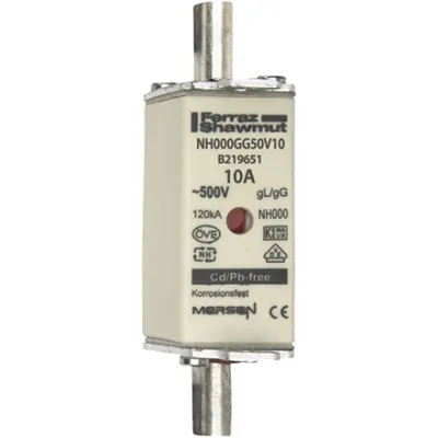 Mersen NH-Sicherungseinsatz NH000 | 10A | 500V AC/DC | gG | Kombikennmelder | Messersicherung | 1,1W Verlustleistung