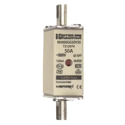 MERSEN NH-Sicherungseinsatz NH000 | 50A | gG | 500V AC | 250V DC | Kombikennmelder | Niederspannung