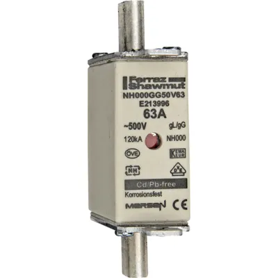 Mersen NH-Sicherungseinsatz NH000GG50V63 | 63A | 500V AC | gG | Kombikennmelder | Gr.000 | geringer Leistungsverlust