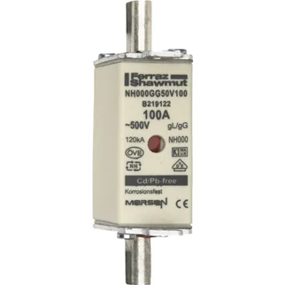 Mersen NH-Sicherungseinsatz NH000GG50V100 | NH00 100A | gG | 500V AC / 250V DC | Kombikennmelder | Sicherung 7,5W
