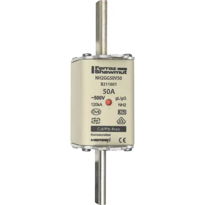Mersen NH-Sicherungseinsatz NH2GG50V50 | NH2 Gr.2 | 50A | 500V AC gG | Kombikennmelder | Messersicherung | Keramik