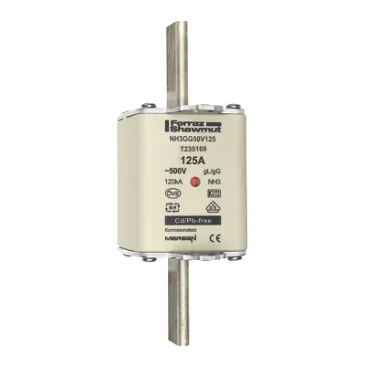 Mersen NH-Sicherungseinsatz NH3GG50V125 | NH gG Gr.3 125A | 500V AC | Kombikennmelder | Messersicherung | keramisch