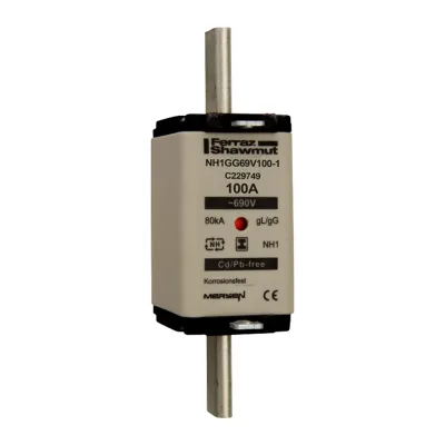 Mersen NH-Sicherungseinsatz NH1GG69V100-1 | NH1 | gG | 100A | 690V | Messersicherung | Größe 1 | Kombikennmelder