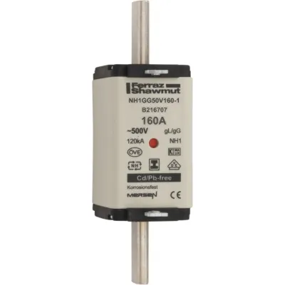 Mersen NH-Sicherungseinsatz NH1GG50V160-1 | 160A | NH1 | 500V AC | gG | Kombikennmelder | isolierte Metallgrifflaschen