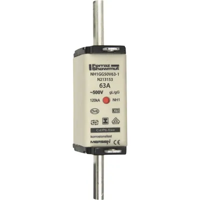 Mersen NH-Sicherungseinsatz NH1GG50V63-1 | 63A | NH1 | 500V AC/DC | gG | IMGL Grifflaschen | Kombikennmelder