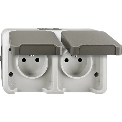 Merten Doppelsteckdose | MEG2520-8029 | Aufputz | IP44 | 2-fach Schutzkontakt | Klappdeckel | grau | beschriftbar