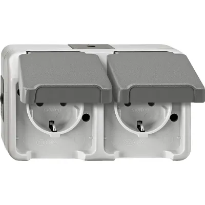 Merten SCHUKO Doppel-Steckdose MEG2321-8029 | Aufputz IP44 | 2-fach | Klappdeckel | Thermoplast | waagerecht | lichtgrau