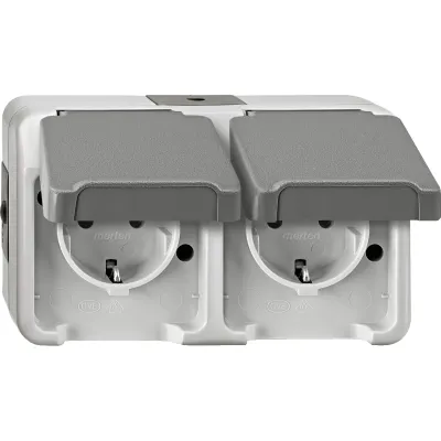 Merten SCHUKO Doppel-Steckdose MEG2321-8029 | Aufputz IP44 | 2-fach | Klappdeckel | Thermoplast | waagerecht | lichtgrau
