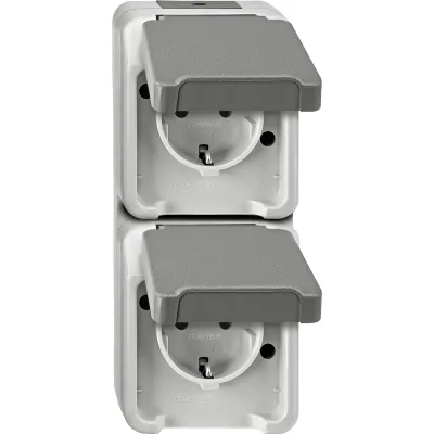 Merten SCHUKO Doppel-Steckdose MEG2329-8029 | Aufputz 2-fach senkrecht | Klappdeckel | IP44 Feuchtraum | lichtgrau