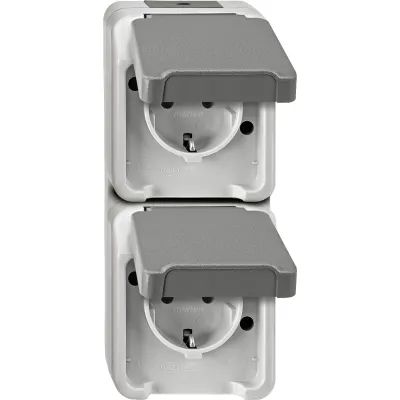 Merten SCHUKO Doppel-Steckdose MEG2329-8029 | Aufputz 2-fach senkrecht | Klappdeckel | IP44 Feuchtraum | lichtgrau