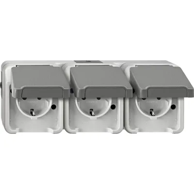 Merten SCHUKO-Dreifach-Steckdose MEG2391-8029 | Aufputz | waagerecht | IP44 | Klappdeckel | 16A | lichtgrau