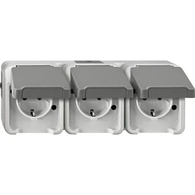 Merten SCHUKO-Dreifach-Steckdose MEG2391-8029 | Aufputz | waagerecht | IP44 | Klappdeckel | 16A | lichtgrau