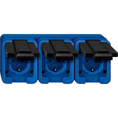 Merten SCHUKO Steckdose 3-fach 229375 | Aufputz | schlagfest | Klappdeckel | IP44 | 16A 250V | Kunststoff | blau