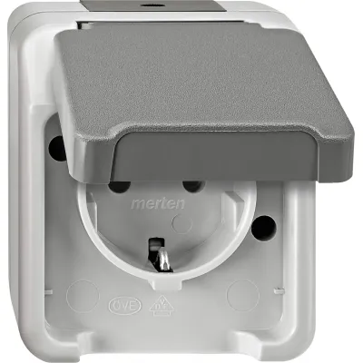 Merten SCHUKO-Steckdose MEG2301-8029 | Aufputz | IP44 Feuchtraum | Klappdeckel | 16A 250V | 1-fach | lichtgrau