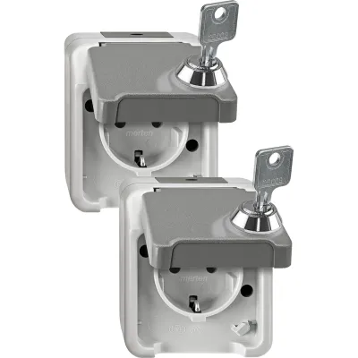 Merten SCHUKO-Steckdose MEG2418-8029 | Aufputz | abschließbar | Klappdeckel | IP44 | lichtgrau | Berührungsschutz