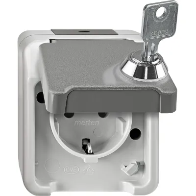 Merten SCHUKO-Steckdose MEG2423-8029 | Aufputz | abschließbar | IP44 | Feuchtraum | 16A | lichtgrau | Kunststoff