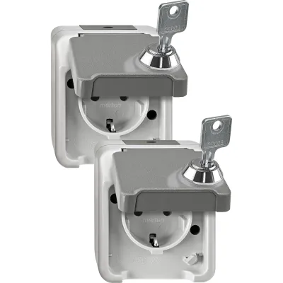 Merten SCHUKO-Steckdose MEG2424-8029 | Aufputz abschließbar | IP44 | Klappdeckel | 1-fach | lichtgrau | Kunststoff