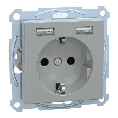 Merten Schuko Steckdose MEG2366-0460 Unterputz | 2x USB-A Ladegerät 2,4A | Kinderschutz | Aluminium | Thermoplast