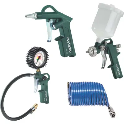 Metabo Druckluft Werkzeugset 4-tlg. | Blaspistole | Reifenfüllmesser | Farbspritzpistole | Spiralschlauch 4,9m