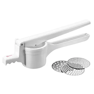 Metaltex Kartoffelpresse Pressy 251715 | 3 Edelstahl-Scheiben | Kunststoff | 26 cm | Rezeptheft | Weiß