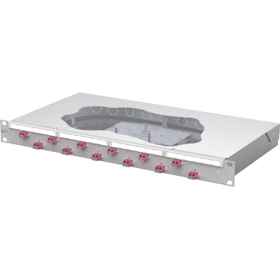 METZ CONNECT Patchpanel 1504577512-F | 19 Zoll 1HE | 12x LC-Duplex | OM4 Multimode 50/125 | mit Pigtails | grau RAL 7035