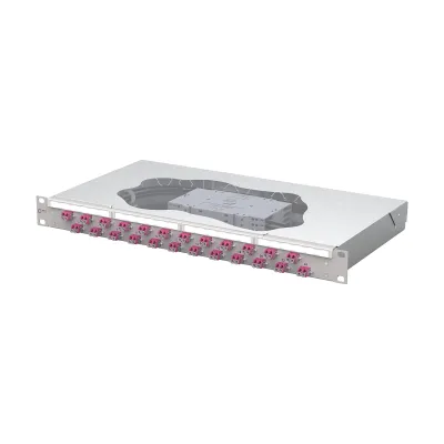 METZ CONNECT Patchpanel 1504577524-E | LWL 19 Zoll 1HE | 24x LC-Duplex | OM4 Multimode | mit Pigtails | grau RAL7035