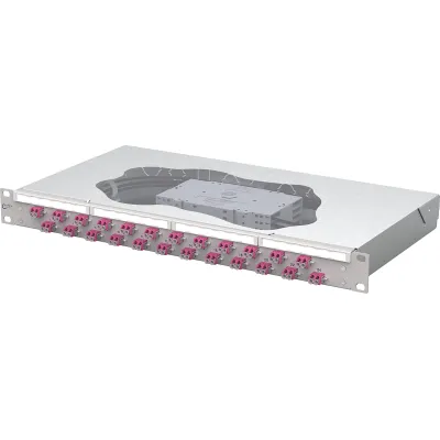 METZ CONNECT Patchpanel 1504577524-E | LWL 19 Zoll 1HE | 24x LC-Duplex | OM4 Multimode | mit Pigtails | grau RAL7035