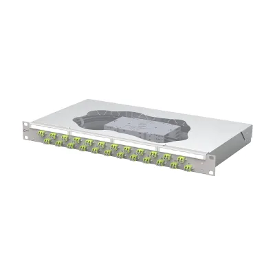 METZ CONNECT Patchpanel 1504587M24-E | 19 Zoll 1HE | 24x LC-D Duplex | 48x OM5 Pigtails | Multimode | grau RAL 7035