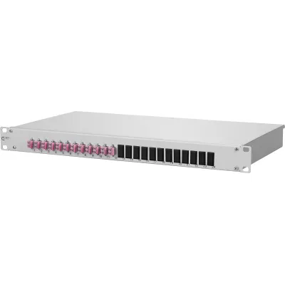 METZ CONNECT Patchpanel 19 Zoll 1HE 1502577512-E | LWL OM4 Multimode | 12x LC-Duplex | Spleißbox mit Pigtails | grau
