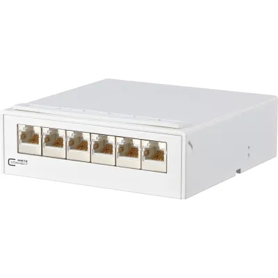 METZ CONNECT Patchpanel Aufputz 130862-21-E | 6 Port RJ45 Cat.6 geschirmt | Wandmontage | LSA | weiß RAL9010