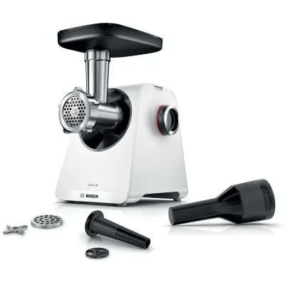 Bosch Fleischwolf MFWS420W | MultiPower Serie 4 | 1.900 W Motor | 2 Stufen | Kebbeaufsatz | 2 Lochscheiben | weiß