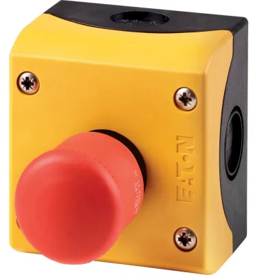 Eaton Not-Aus-Taster M22-PV/KC02/IY 216524 | Aufbaugehäuse | Zugentriegelung | 2 Öffner | IP66/IP69K | rot/gelb