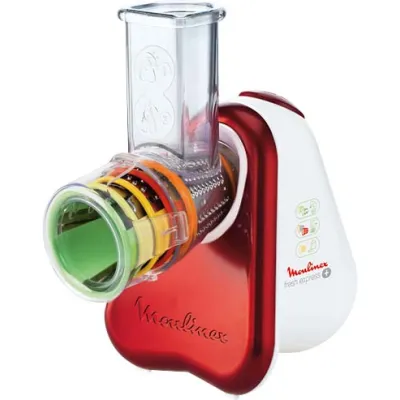 Moulinex Fresh Express Plus DJ756G15 Gemüseschneider | 5 Einsätze | Edelstahl | 200W | rot/weiß