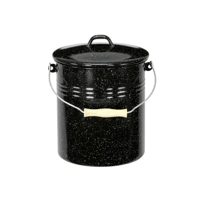 KRÜGER Mülleimer 3l mit Deckel | Stahlemaille | Tragegriff Holz | schnitt- & kratzfest | schwarz-weiß gesprenkelt