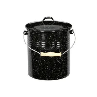 KRÜGER Mülleimer 5L mit Deckel | Stahlemaille | schwarz-weiß gesprenkelt | kratzfest | Tragegriff Holzrolle