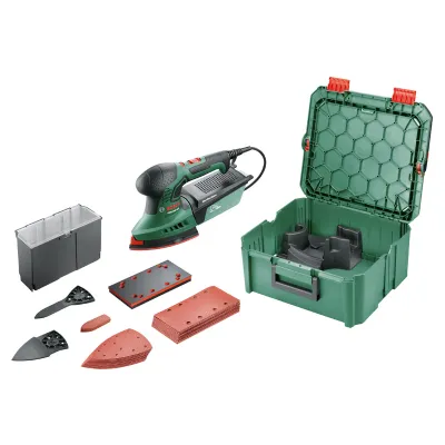 Bosch Multischleifer PSM 200 AES 06033B6002 | 200W | SystemBox M | Drehzahlregelung | Rechteck- & Dreieck-Platte | Grün