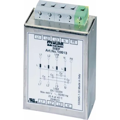 Murrelektronik Netzentstörfilter 10513 MEF 3-phasig | 20A | 4x440V AC | Hutschiene TH35 | Fiberglas | Schaltschrank