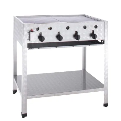 NEUMÄRKER Gas-Standbräter 4 Brenner 16 kW Edelstahl 00-50486 | 815x530x830 mm | Propan/Butan | Rost & Pfanne