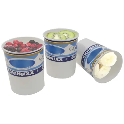 Neumärker Einweg-Portionsbecher Steamblend 570 Stück | Kunststoff mit Deckel | weiß mit Print | 800x390x530 mm